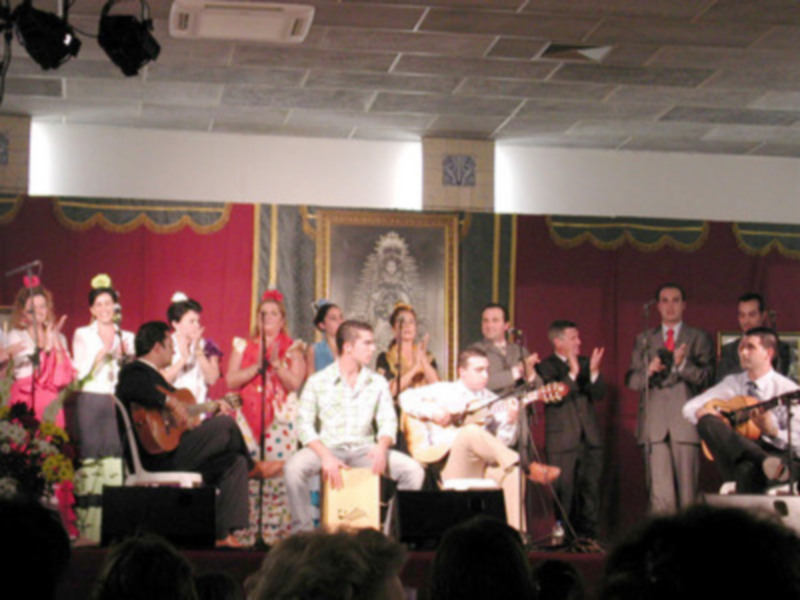 Grupo de músicos y bailarines en trajes tradicionales actuando en un escenario con decoración festiva.