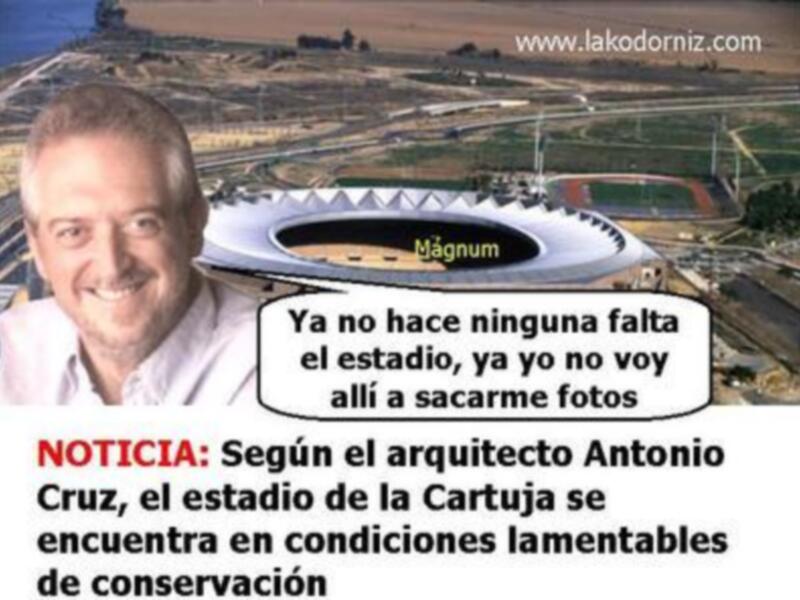 Noticia sobre el estado lamentable del estadio de la Cartuja en Sevilla, según el arquitecto Antonio Cruz.