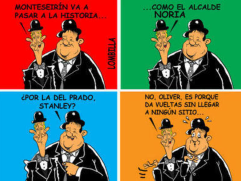 Un cómic humorístico sobre un alcalde y un funcionario discutiendo sobre un proyecto que no avanza, con referencia a 'Del Prado Stanley'.