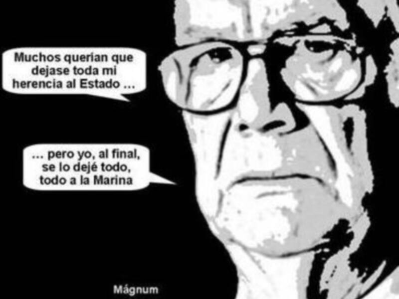 Un personaje con gafas y una expresión seria, con un texto en el que se menciona la herencia y la Marina.