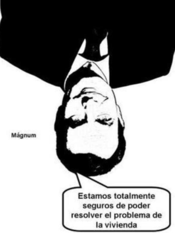 Dibujo de un personaje con un discurso que afirma estar seguro de poder resolver el problema de la vivienda.