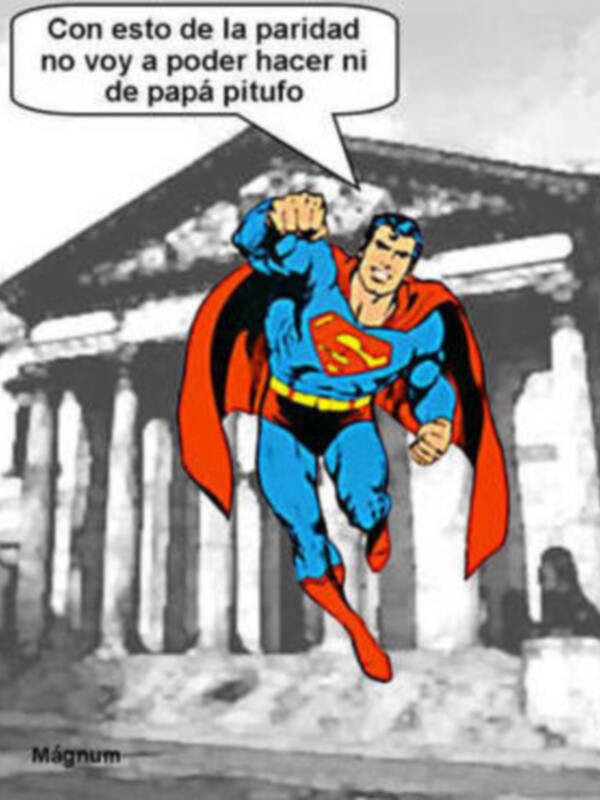 Superman en acción con un texto sobre la paridad y la paternidad.
