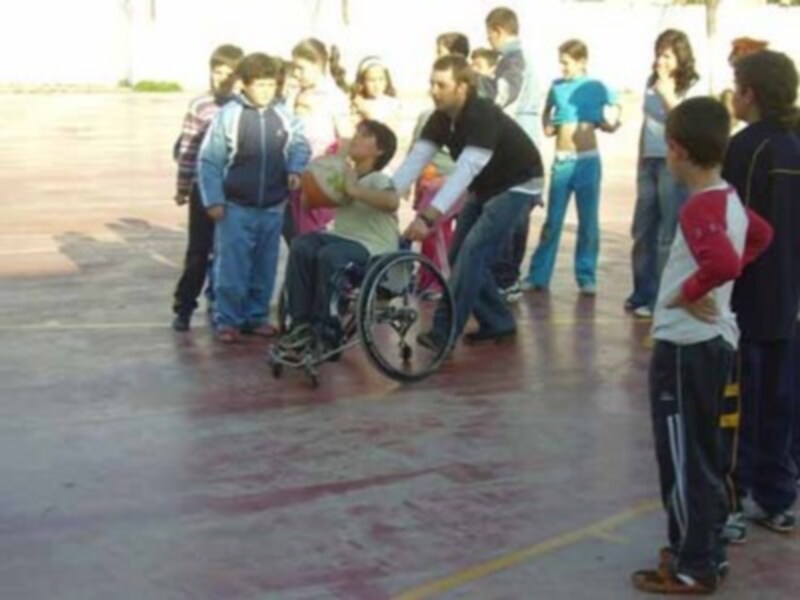 Un grupo de personas participa en una actividad en un espacio al aire libre, con un individuo en silla de ruedas siendo ayudado por otros.