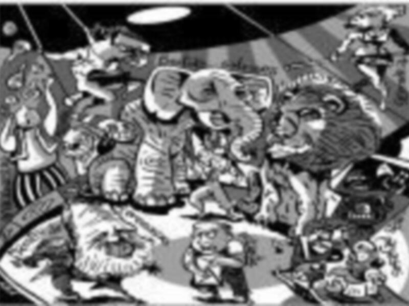 Ilustración humorística de animales vestidos de manera formal en un restaurante, disfrutando de una cena juntos.