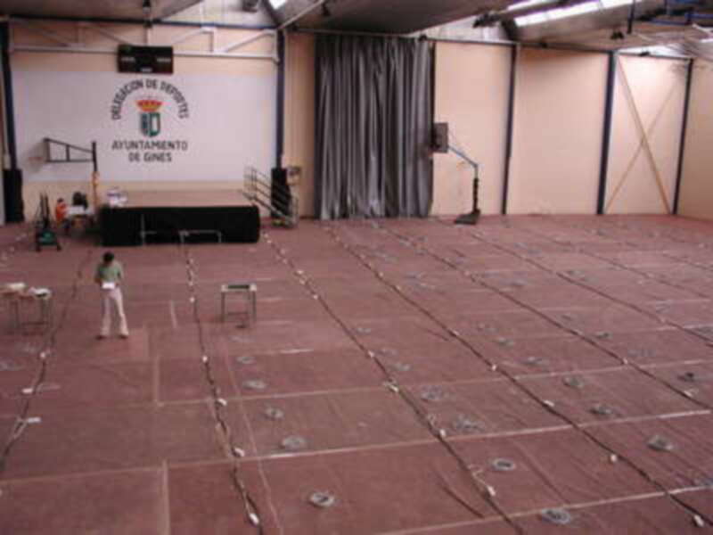 Interior de una sala de deportes con baldosas de suelo y una bandera del Ayuntamiento de Gines en la pared.