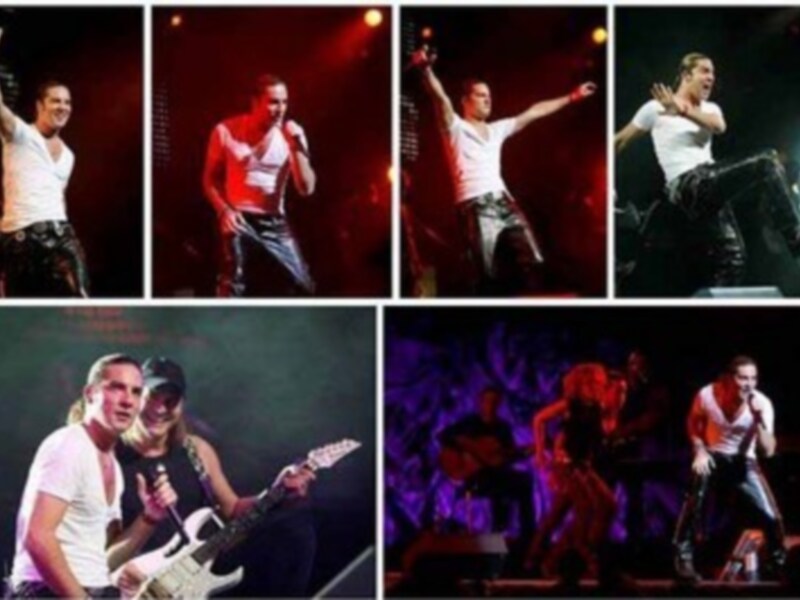 Collage de imágenes de un artista en vivo, tocando guitarra y cantando en escenario con luces dramáticas.