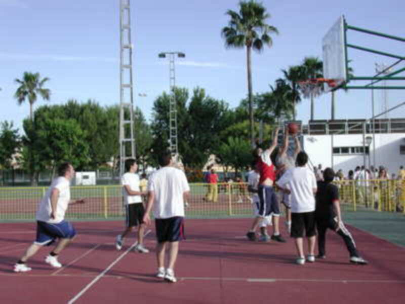 Un grupo de personas jugando baloncesto en una cancha deportiva con palmeras al fondo y un cielo azul claro.