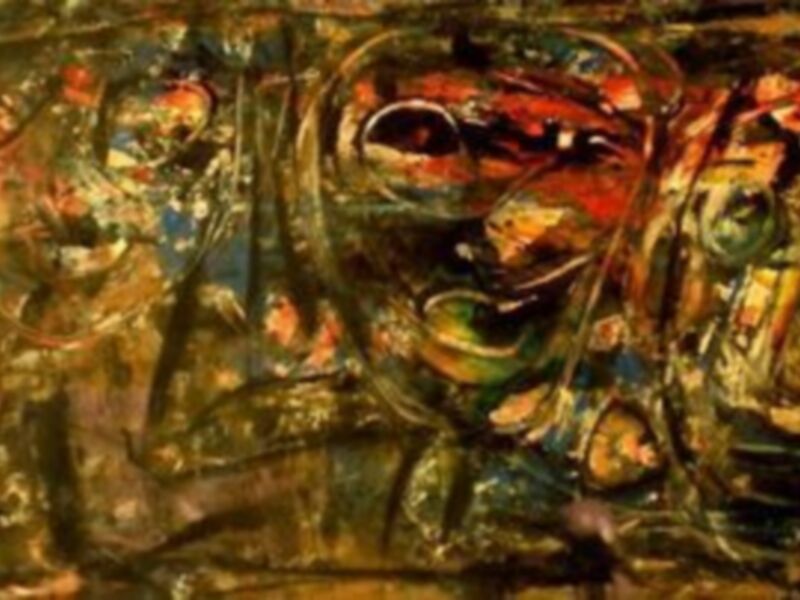 Pintura abstracta con formas ondulantes y colores vibrantes, evocando una sensación de movimiento y energía.