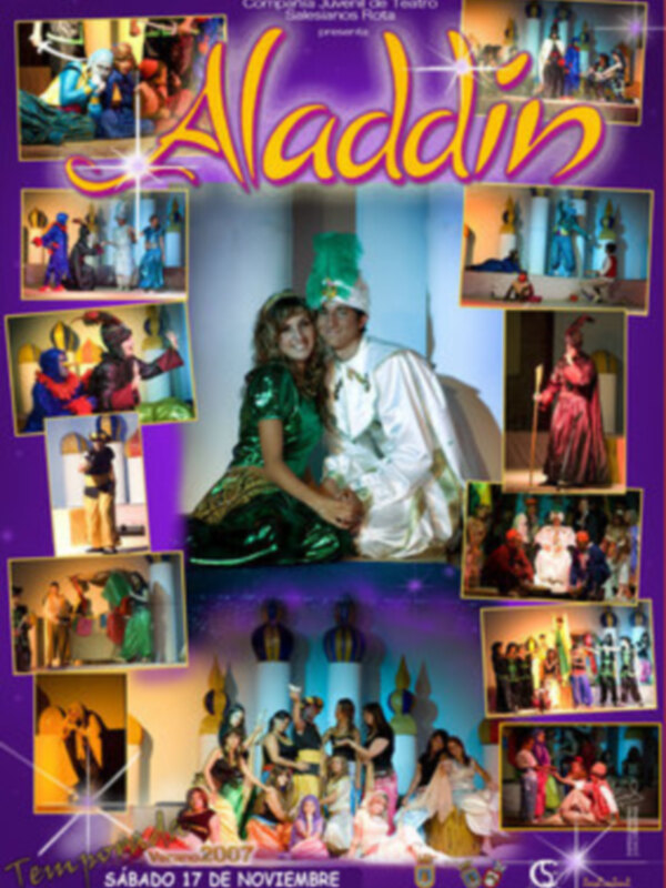 Cartel de la obra de teatro 'Aladdin' de la Compañía Juvenil de Teatro Salamanca Ruta, con fotos de los actores y la fecha de la representación el 17 de noviembre de 17h y 19:30h en la presentación de Paseo de María Auxiliadora Comandá.