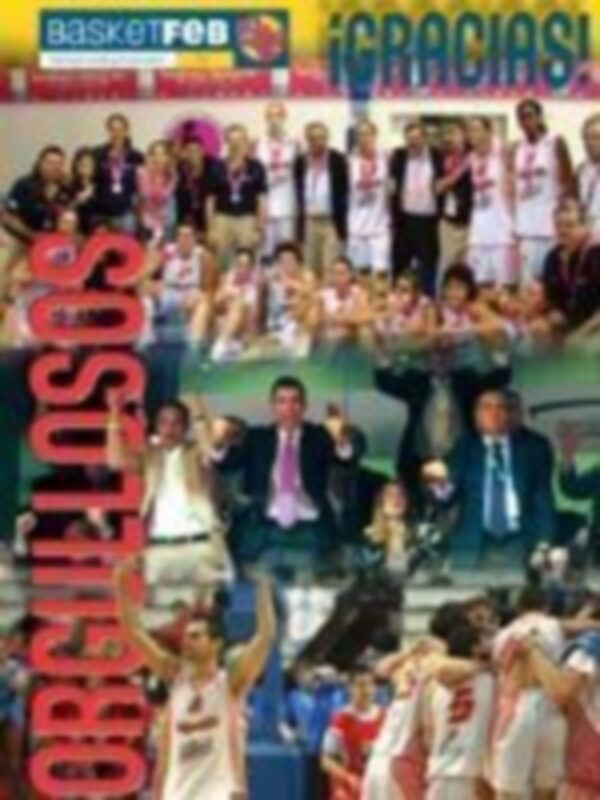 Celebración de un equipo de baloncesto tras un triunfo, con el texto 'GRACIAS' y 'RESULTADOS' en el pie de foto.