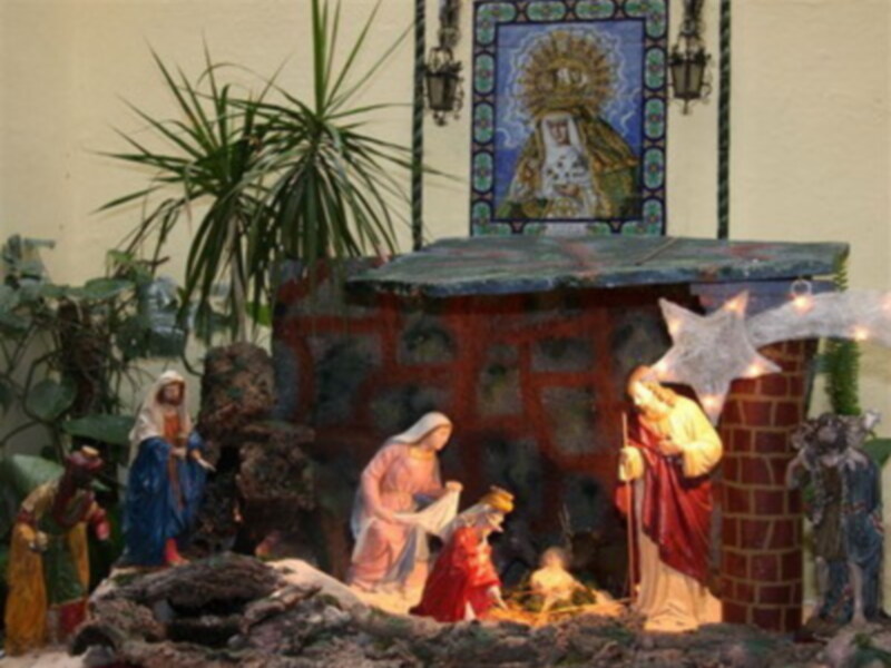 Escena de Natividad con figuras y estrella de Belén, decorada con plantas y detalles artísticos.