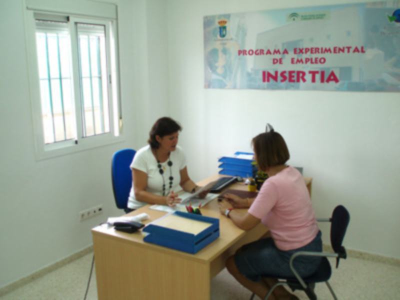 Un programa experimental de empleo se lleva a cabo en una oficina con una mujer explicando información a otra en una mesa. La pared tiene un cartel que dice 'Programa Experimental de Empleo Insertaria'.