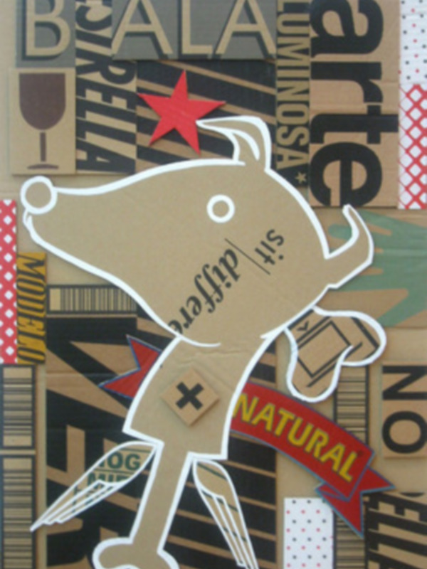 Ilustración de un perro con el texto 'Bala', 'Natural' y otros elementos gráficos en un diseño artístico y colorido.