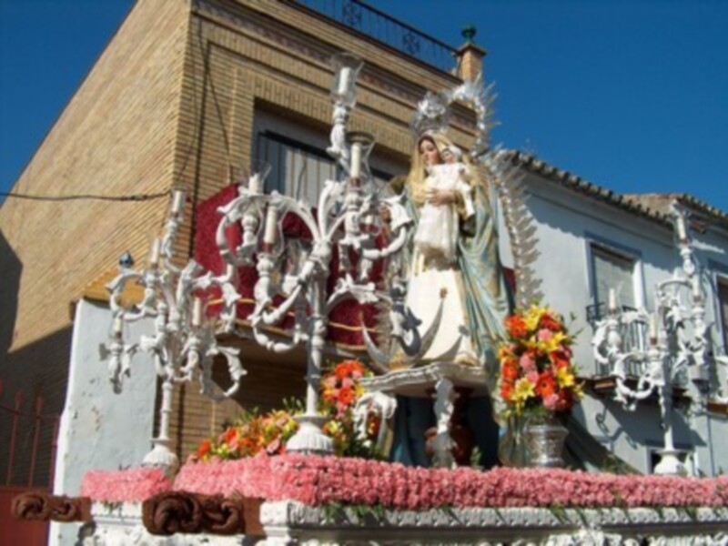 Procesión de la Virgen en una plaza urbana, adornada con flores y ornamentos.