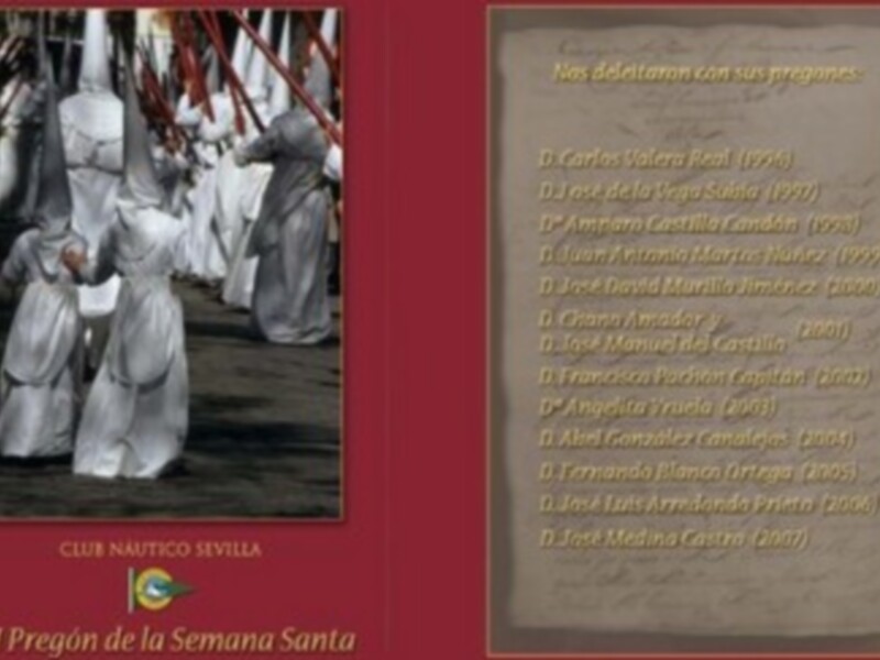 Procesión de la Semana Santa en Sevilla, con imágenes de vestimenta tradicional y lista de pregones históricos.
