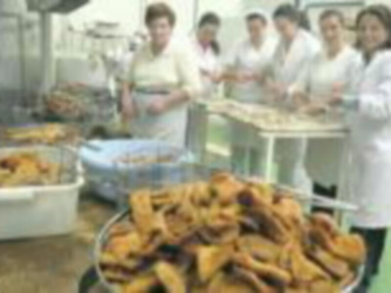 Trabajadores en una fábrica de alimentos preparando y manipulando productos en una línea de producción.