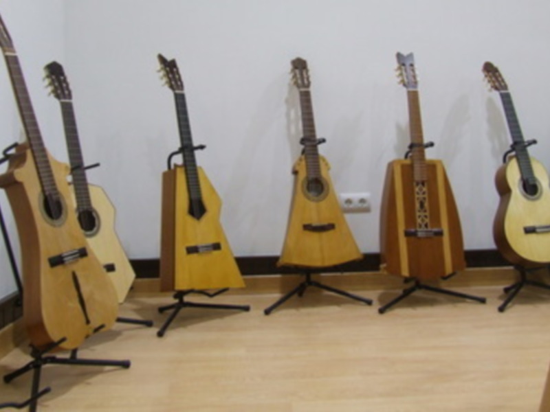 Colección de instrumentos de cuerda tradicionales en un espacio de exposición.