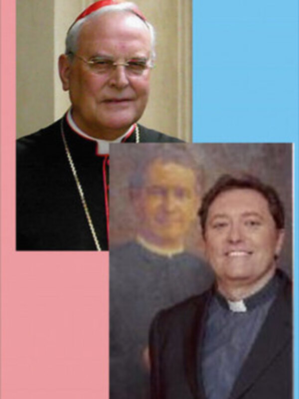 Collage de tres retratos de sacerdotes, uno con rojo y blanco, otro con negro y dorado, y uno con traje oscuro y camisa blanca.