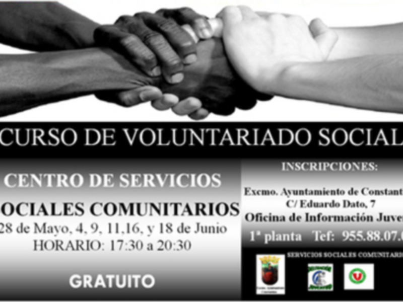 Inscripciones para el Curso de Voluntariado Social en el Centro de Servicios Sociales Comunitarios, organizado por el Ayuntamiento de Constantina, con horario de 17:30 a 20:30.