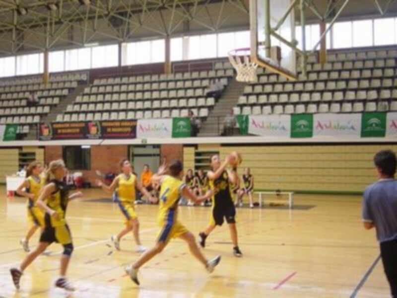 Jugadores de baloncesto en acción durante un partido en un gimnasio. Uniformes amarillos y negros, intensa competición.