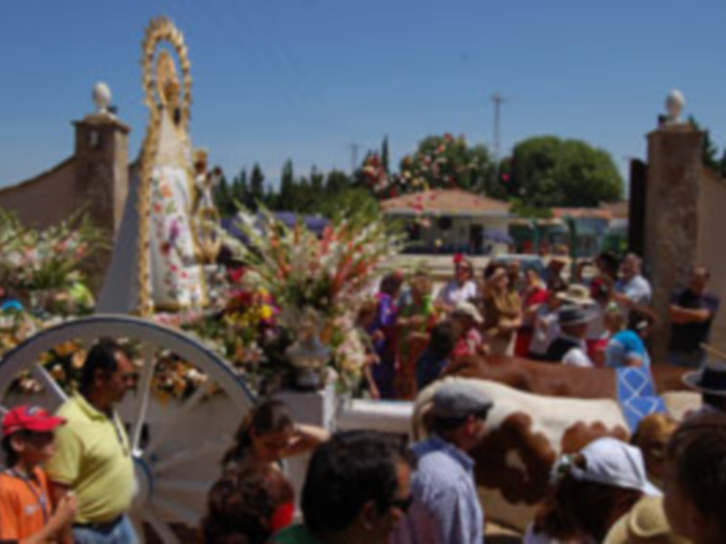 Fiesta religiosa con procesión y ornamentos florales en un pueblo español.