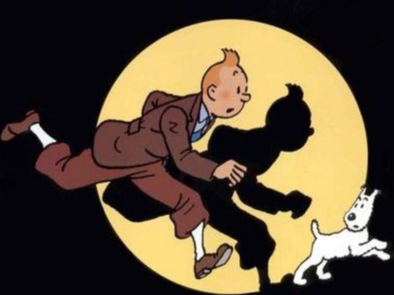 Tintin y Milou corriendo en el cielo nocturno, ilustración de Tintin y Milou, personajes de la serie de aventuras de Hergé.
