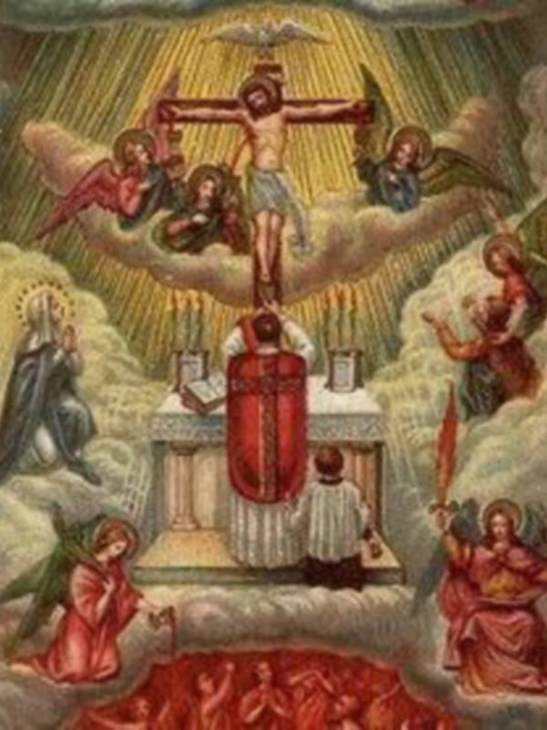 Ilustración religiosa que muestra a Cristo crucificado entre ángeles, con una escena de adoración en el suelo inferior.