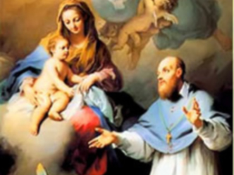 Representación religiosa de la Virgen María con el Niño Jesús, acompañada por un santo vestido con un hábito y un collar de oro.