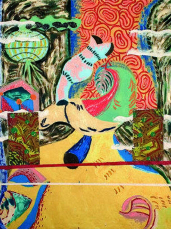 Pintura abstracta vibrante con formas geométricas y patrones coloridos, enmarcada con cinta adhesiva.