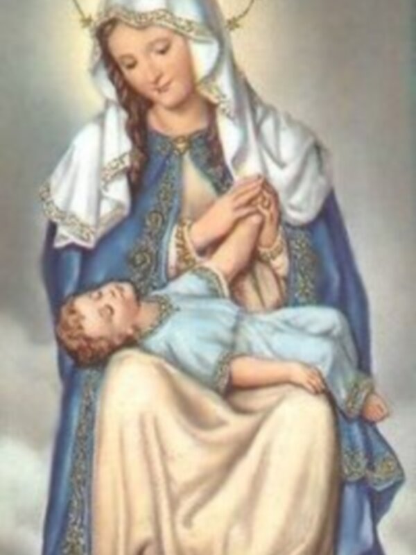 Retrato religioso de la Virgen María con el Niño Jesús en su regazo, rodeados de un halo dorado.
