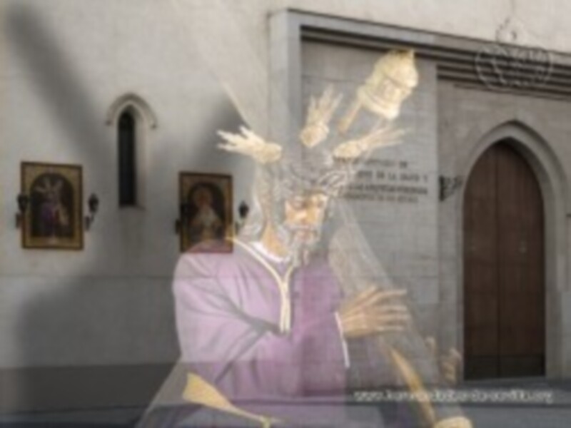 Figura de arte abstracta con elementos de trigo en un entorno religioso.