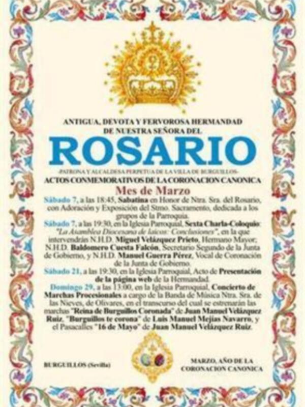 Cartel anunciando actos conmemorativos de la Coronación Canónica de la Virgen del Rosario en Burguillos (Sevilla), celebrados en marzo de 2016.