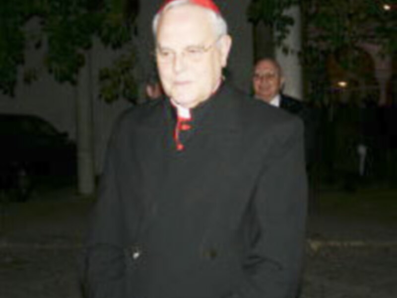 Cardinal wearing red hat and black cassock, walking outdoors at night.