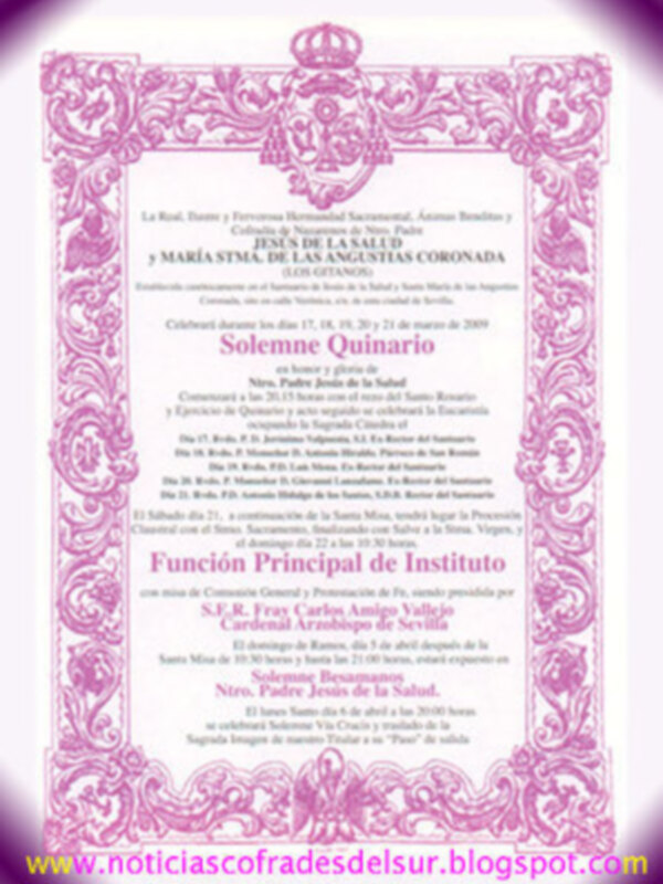Invitación al Solemne Bicentenario de la Virgen de las Angustias Coronada, celebrado el 27 de marzo de 2009 en Sevilla, España.