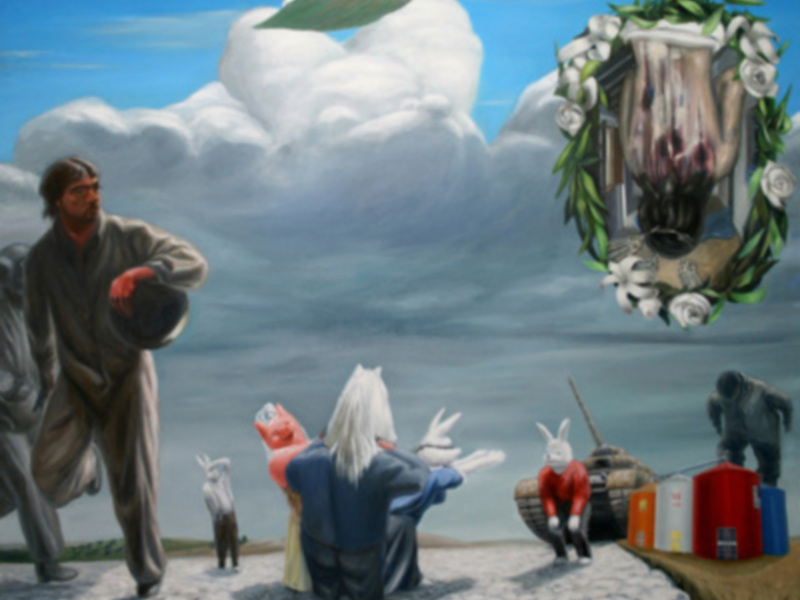 Una escena surrealista con personajes antropomórficos en un paisaje nevado, incluyendo un hombre con una gorra, un personaje con cabello blanco y una figura con una máscara roja.