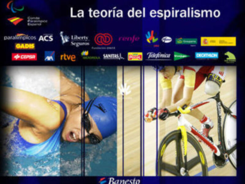 Atletas paralímpicos en acción: natación y ciclismo. Logos de patrocinadores y teoría del espiralismo.