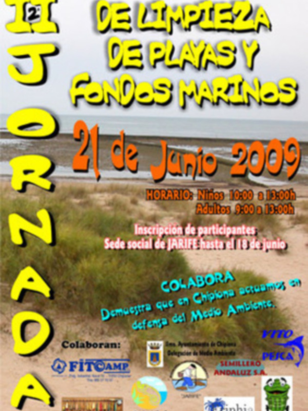 Cartel anunciando una jornada de limpieza de playas y fondos marinos en Chipiona, España, el 21 de junio de 2009.