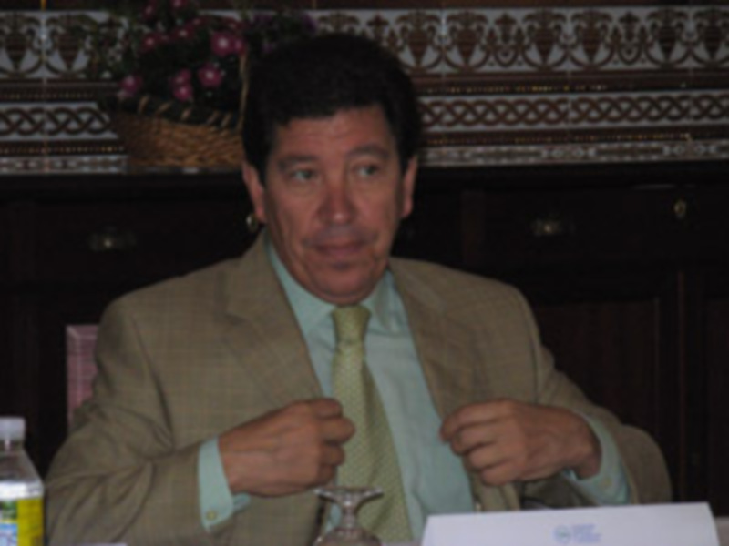 Hombre en traje y corbata hablando en una reunión o conferencia.