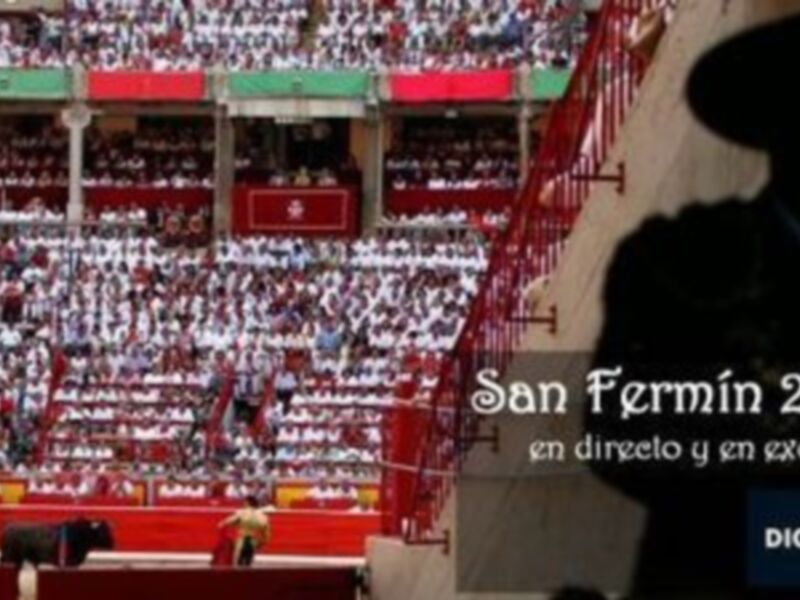 Fiesta de San Fermín 2009 en Pamplona, España, con toros y corrida de toros en el centro de la plaza