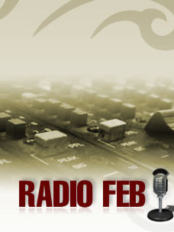 Imagen de un paisaje urbano con el texto 'RADIO FEB' y un micrófono, sugiriendo un programa de radio o emisora de radio.