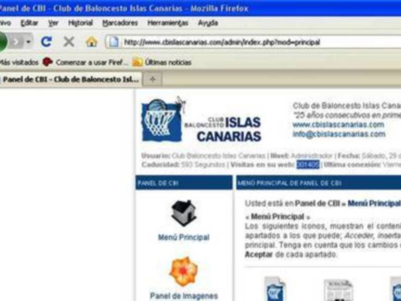 Página web del Club de Baloncesto Islas Canarias, mostrando el panel de control y el menú principal.