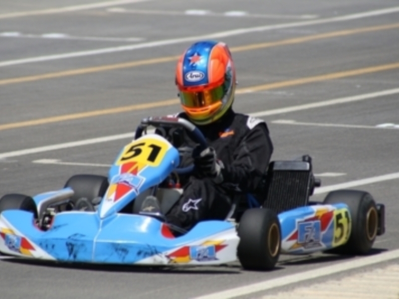 Competidor en una carrera de karting, pilotando un kart azul con el número 51 y un casco multicolor en una pista de carreras.