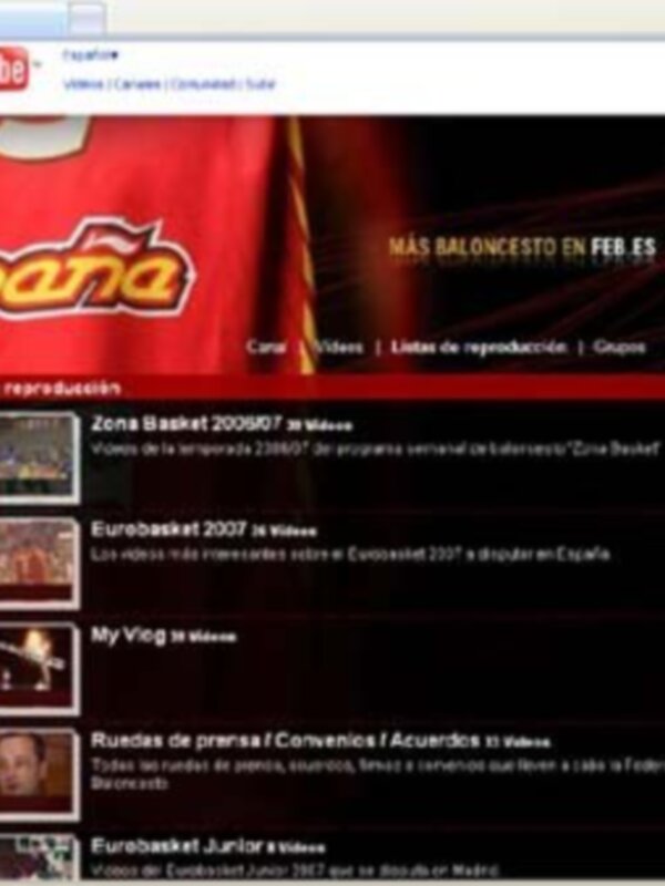 Captura de pantalla de YouTube con listas de reproducción de eventos de baloncesto, incluyendo Eurobasket 2007 y Zona Basket 2009/10.