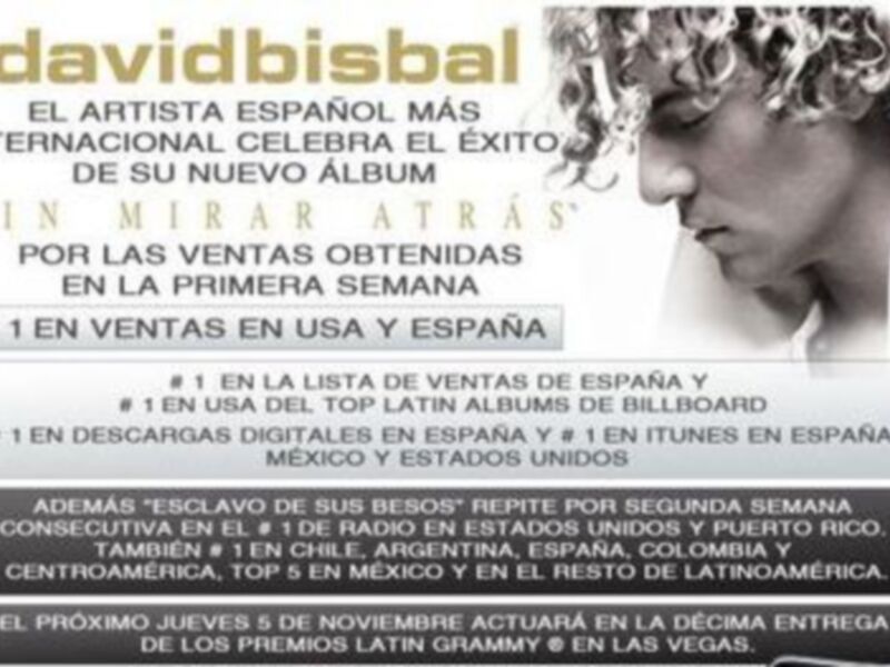 David Bisbal es N.º 1 en ventas en España y Estados Unidos con su nuevo álbum Sin Mirar Atrás"