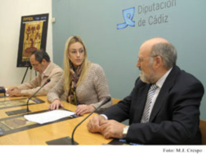 Conferencia de prensa en la Diputación de Cádiz con tres personas sentadas en una mesa con micrófonos.