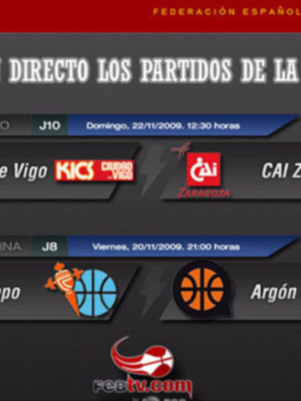 Anuncio de partidos de baloncesto en directo de la Federación Española de Baloncesto para la jornada 10 y 8, con equipos como CAI Zaragoza y Argón Uni Girona.