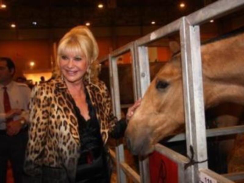 Una mujer con una chaqueta de leopardo y una camisa negra está posando junto a un animal de gran tamaño, posiblemente un camello, en un entorno de exposición o evento.