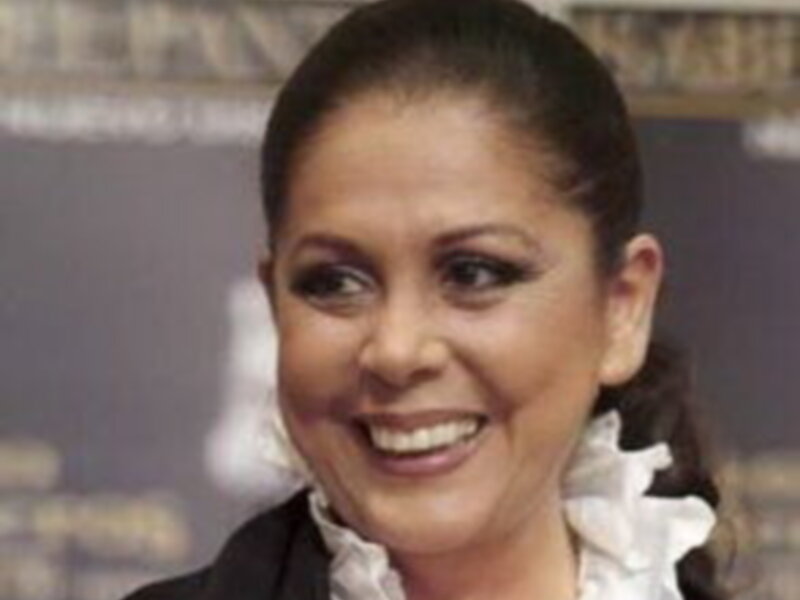 A una mujer sonriendo ampliamente, con cabello largo y ondulado. Lleva una blusa con detalles bordados en el cuello, posiblemente de estilo formal. La expresión facial y la postura sugieren una imagen positiva y amigable.