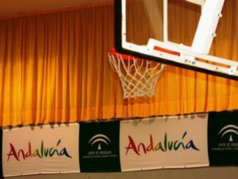 Canasta de baloncesto con banderas de Andalucía en el fondo.
