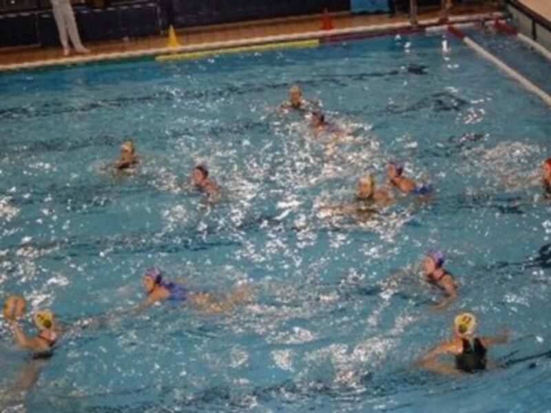 Jugadores de waterpolo en acción en una piscina, con el objetivo de golpear la pelota y anotar goles.